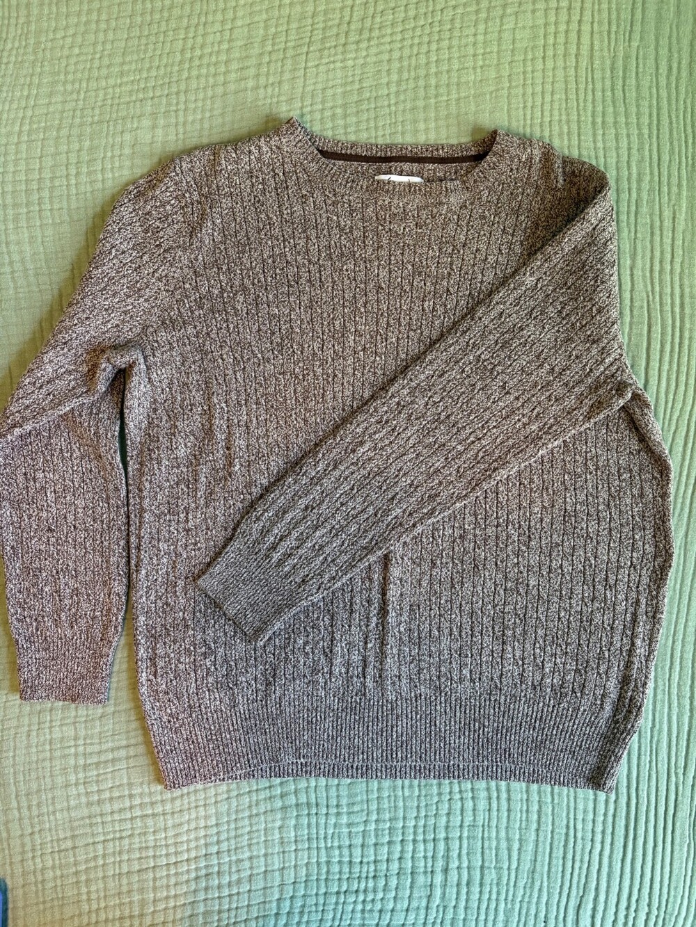 Kim Rogers Large Brown Marled Cotton Sweater Cable Knit Crew Neck